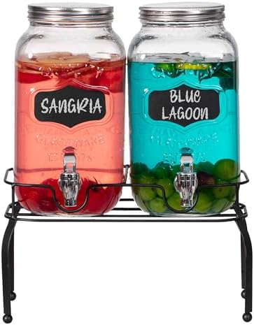 Basicwise 2-Pcs Glass Drink Dispenser Set with Metal Stand, Stainless Steel Spigots and Chalkboard Signs - Ideal for Serving Beverages, Water, Lemonade and Juice at Picnics, Camping Trips and Parties by Basicwise