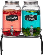 Basicwise 2-Pcs Glass Drink Dispenser Set with Metal Stand, Stainless Steel Spigots and Chalkboard Signs - Ideal for Serving Beverages, Water, Lemonade and Juice at Picnics, Camping Trips and Parties by Basicwise