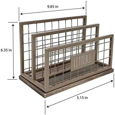 Desktop Mail Organizer - 2 Compartment Mail Holder & Stationary Table Top Desk Organizer - Chic and Stylish Galvanized Steel and Solid Wood - “Letters” Print - for Home and Office, Grey "Letter" - Image 2