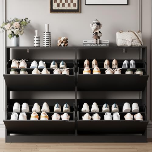 Xixini Shoe Storage Cabinet for Entryway with 4 Flip Drawers, Sturdy Wood Hidden Shoe Storage, Freestanding Narrow Slim Shoe Organizer for Front Door Entrance, Living Room, Hallway, Bedroom, Black - Image 6