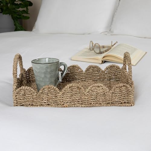 Household Essentials Seagrass Decorative Tray with Scalloped Edge, Handwoven Natural Wicker Organizer Basket with Handles & Iron Frame for Coffee Tables, Bathrooms & Countertops (Pack of 8) - Image 7