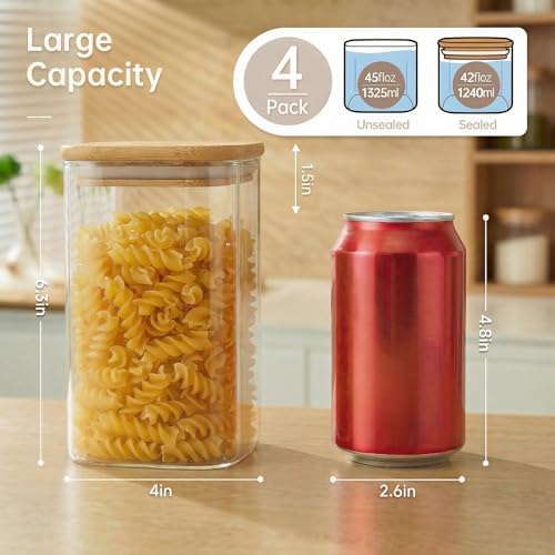 42 oz Square Glass Food Storage Containers with Airtight Bamboo Lids, 4Pack - Image 3