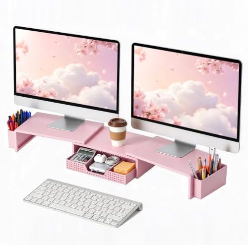 LEKETREE Dual Monitor Stand Riser with Drawer and 2 Pen Holders, Pink by Stylishworkspaceeffortlessorganization