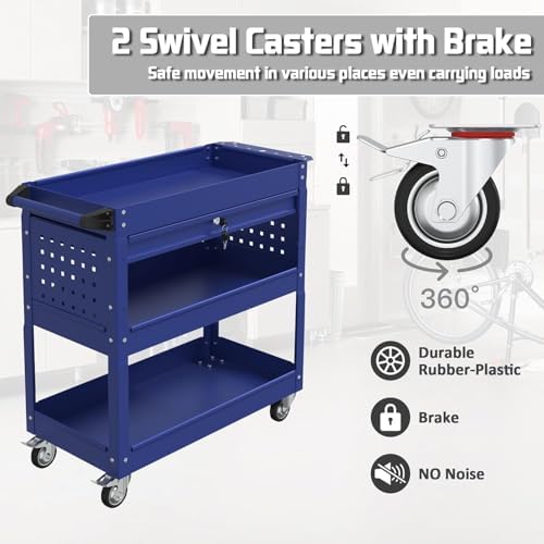 3 Tray Rolling Tool Cart with Drawers, 400 LBS Capacity Mechanic Tool Cart on Wheels, Heavy Duty Utility Cart with Pegboard, Metal Work Cart for Garage and Repair Shop, Blue - Image 5