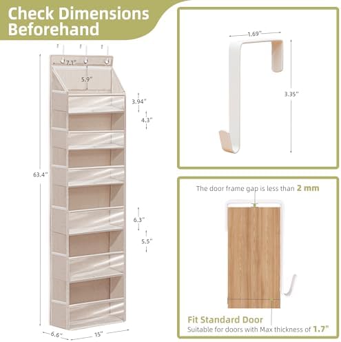 Over Door Organizer with 6 Extra Large Pockets 12 Side Pockets, Sturdy Closet Storage Rack, Hanging Storage Organizer with Clear Window for Shoes, Diaper, Bedroom, Bathroom, Beige, 3-Pack - Image 2