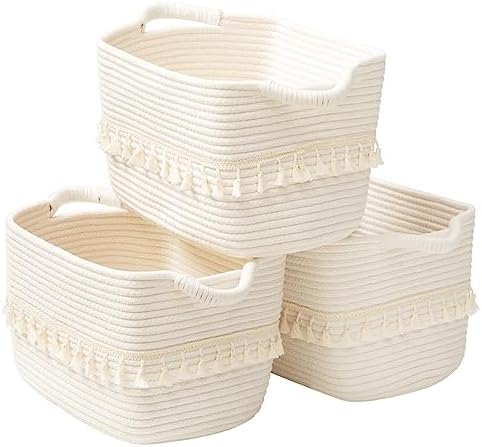 TeoKJ White Cotton Rope Baskets for Storage, Set of 3 Woven Clothes Basket for Organizing and Storage, Blanket Basket for Living Room Laundry Bathroom Shelves by TeoKJ
