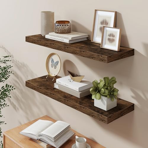 Fun Memories 36 Inch Long Floating Shelves for Wall, 9.3 Inch Deep Floating Shelf, 2 Packs Long Shelves for Bathroom, Living Room, Bedroom, Wall Mounted Storage Shelf for Books Decor, Rustic Brown - Image 2