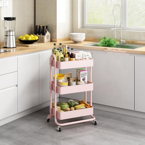 MIOCASA 3-Tier Metal Utility Rolling Cart, Heavy Duty Multifunction Cart with Lockable Casters, Easy to Assemble, Suitable for Office, Bathroom, Kitchen, Garden - Image 4