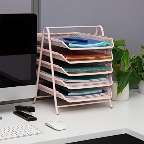 Mind Reader 5-Tier Paper Tray Organizer, Vertical Desktop File Storage Rack, Office, Metal Mesh, Pink (Pack of 6) - Image 2