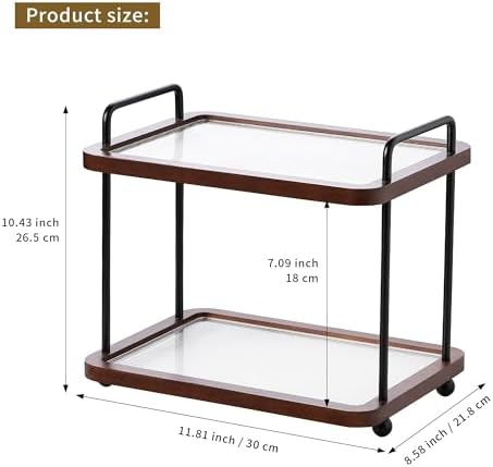 2-Tier Bathroom Counter Organizer with Transparent Stripe Acrylic Shelves, Brown Wood Frame and Black Metal Support, Rustproof Vanity Storage Rack for Skincare Cosmetics and Toiletries - Image 2