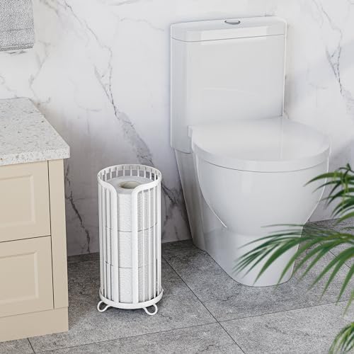 Bunoxea Toilet Paper Holder Stand, Freestanding Toilet Tissue Organizer, Minimalistic Storage Solution, Reserve Mega Rolls,Modern -2PACK White - Image 3