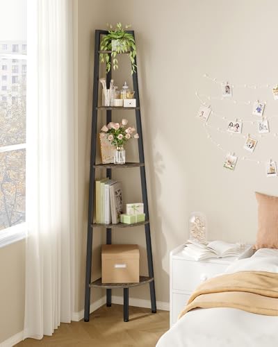 Hoctieon Corner Shelf, 5-Tier Corner Bookshelf, Rustic Ladder Shelf, Industrial Display Stand for Living Room, Kitchen, Home Office, Balcony, Small Space, Metal Frame, Grey - Image 6