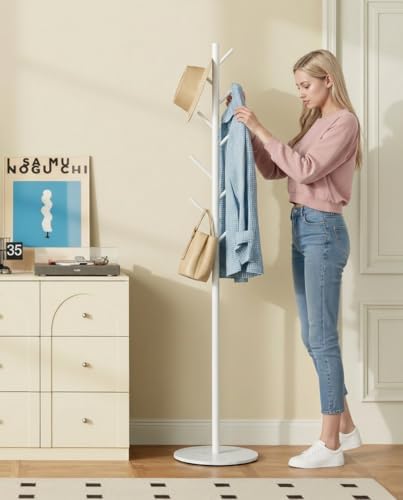 Coat Rack with 8 Hooks, 3 Adjustable Heights, Modern Hall Tree, Sturdy Metal Clothes Stand with Sintered Stone Base for Entryway, Office, Bedroom, for Coats, Hats, Handbags and Scarves, White - Image 4
