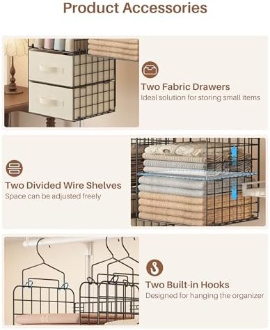 4 Tier Metal Hanging Closet Organizer with 2 Fabric Drawers - Image 5