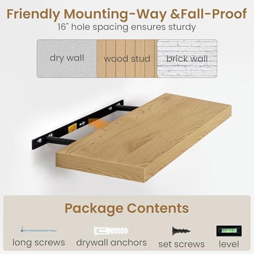 Fun Memories 72 Inch Long Floating Shelves for Wall, 72x9.3 Large Floating Shelf for Bedroom, Kitchen, Bathroom, Wall Mounted Rustic Wood Shelves with Invisible Bracket for Books, Decor, Oak - Image 6