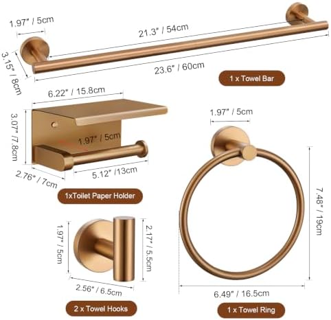 TURS Brushed Rose Gold 5-Piece Bathroom Hardware Set SUS304 Stainless Steel Towel Bar Set Towel Racks for Bathroom Wall Mounted, 23.6-Inch - Image 7
