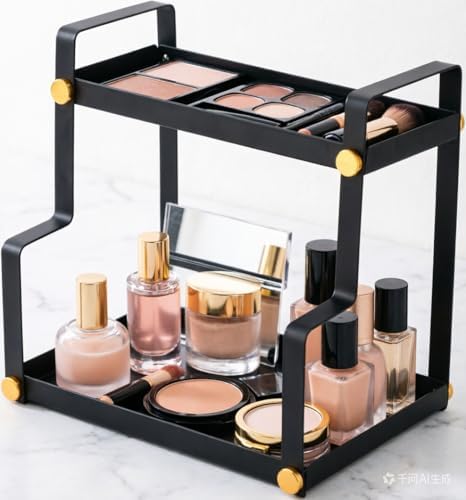 FFK 2 Tier Countertop Organizer, Cosmetic Organizer, Storage Shelf for Cabinet, Countertop, Pantry, Desktop, Ideal for Bathroom, Kitchen, Office (Black) by FFK