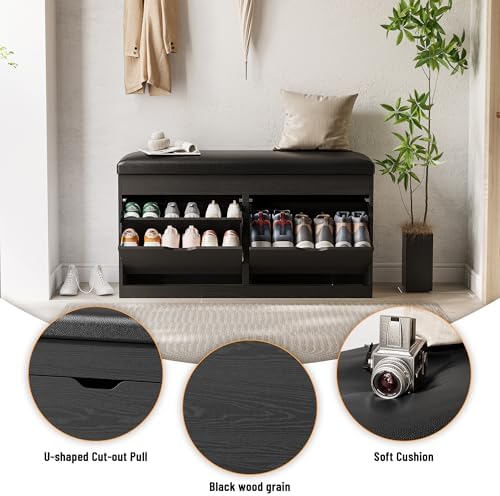 40" Shoe Storage Bench with Flip Drawers Padded Seat Cushion, Shoe Cabinet with Lift Top Storage Box, Shoe Bench Shoe Organizer for Entryway, Hallway, Living Room, Black - Image 6