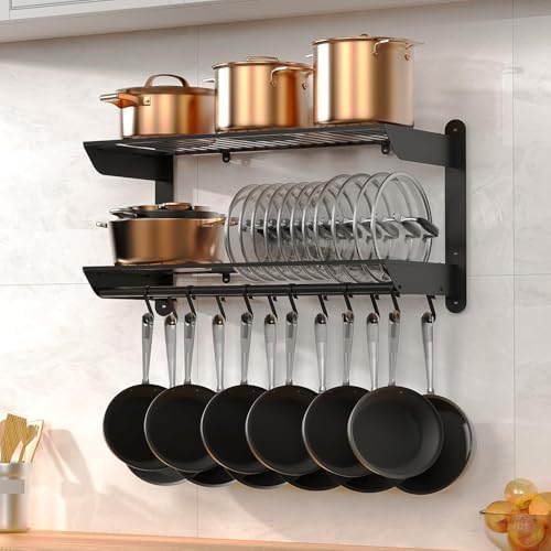 Taozun Pot Rack Wall Mounted 30 Inch, 2-Tier Heavy Duty Pot and Pan Hanging with 12 Anti-Drop Hooks, Kitchen Cookware & Utensils Storage Hanger by Taozun