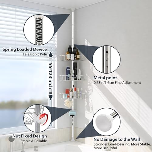 Shower Caddy Tension Pole, 4-Tier Adjustable Corner Organizer, 39-125 in - Image 3