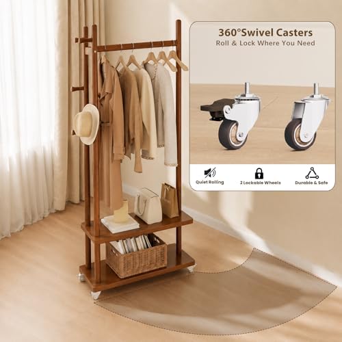 Taitiy Coat Rack Freestanding Solid Wood Clothes Rack with Wheels - Image 4
