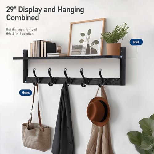 Tatub 29'' Coat Rack Wall Mount with Shelf, Wood Wall Hooks with Storage, Entryway Shelf with 5 Coat Hangers for Bathroom, Living Room, Bedroom, Black - Image 2