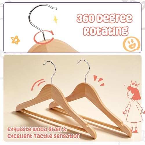 Kids Wooden Hangers 30 Pack, Solid Wood Baby Hangers,12.6" Kids Hangers with Pants Bar,Shoulder Notches,Swivel Hooks,for Toddler Kids Clothes(Natural) - Image 2