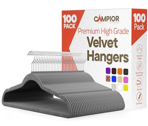 Gray Velvet Hangers 100 Pack – 360° Swivel Hook, Non-Slip and Space Saving Hangers, Heavy-Duty 11 lbs Weight Capacity - Smooth Velvet Finish for Crease-Free Clothes and Effortless Closet Organization by Campior