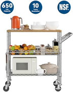 WDT 3 Tier Rolling Kitchen Carts with Wheels, Heavy Duty Rolling Utility Cart with Wood Tabletop, Commercial Grade Metal Cart with Handle and Hooks, NSF Storage Serving Island Carts, Light Wood+Metal - Image 3