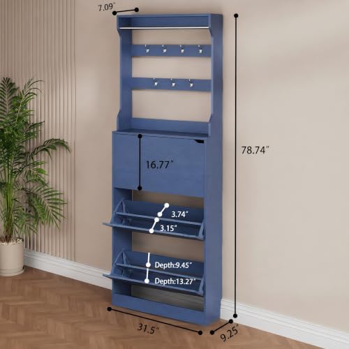 Blue Hidden Shoe Cabinet with 3 Flip Drawers & Coat Rack, Entryway - Image 2