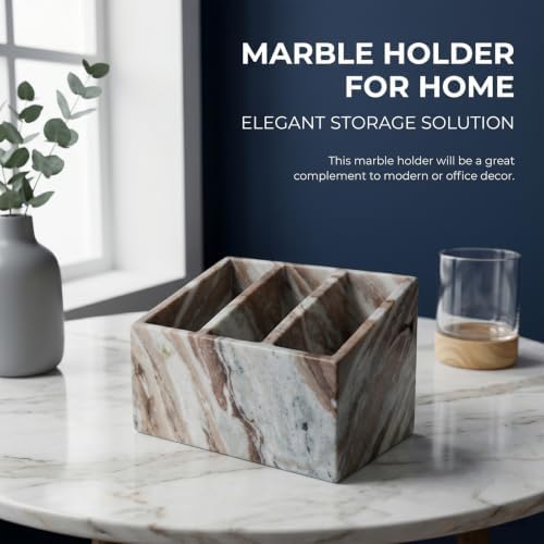 Luxury Natural Marble Pen and Makeup Holder, 3 Compartment Desk Organizer - Image 3