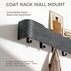 Coat Rack Wall Mount with Shelf Entryway Shelf Modern Key Holder Hanger Wall Shelves with Hidden Hooks for Hanging Towels Coats Hats Bags for Hallway Bathroom Bedroom (Wavy Black, 5 Hooks) - Image 4