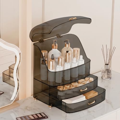 Makeup Organizer Countertop Vanity with Transparent Lid Drawers Waterproof Dustproof Cosmetic Skincare Bathroom Storage Gift for Women Teens Girls (Clear Black) - Image 3
