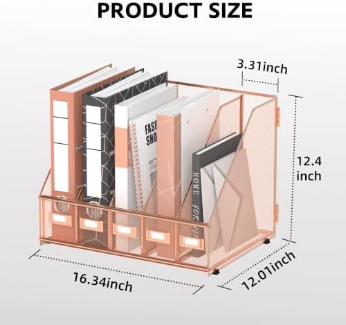 5 Vertical Compartments Magazine Holder, Metal Binder Organizer, RoseGold - Image 2