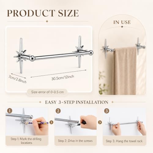 12 Inch Atomic Starburst Towel Bar, Silver Metal Bathroom Towel Rack - Image 2