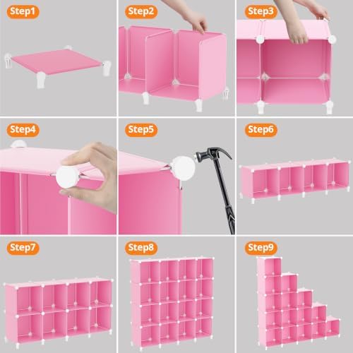 Neprock 16 Cubby Storage Organizer, Closet Clothes Storage Organizer, Cube Shelves Closet Organizers and Storage Shelves for Clothing Storage with Hammer, Bookshelf for Kids（Pink） - Image 7