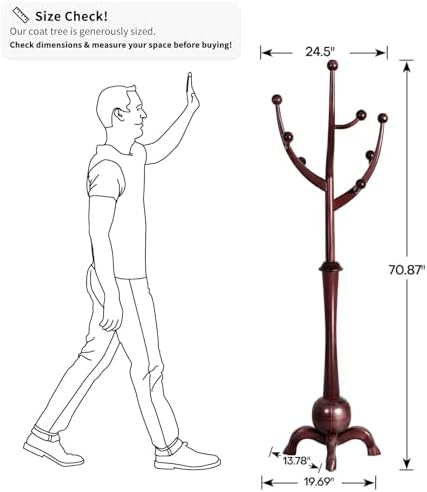Bekrvio Freestanding Wood Coat Rack with Stable Sphere Base, Wine Red - Image 2