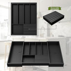Bamboo Kitchen Silverware Drawer Organizer - Expandable Wood Utensil Holder with Dividers, Luxury Cutlery Storage Tray for Kitchen Utensil and Flatware (5-7 Slots with Removable Knife Block, Black) - Image 6