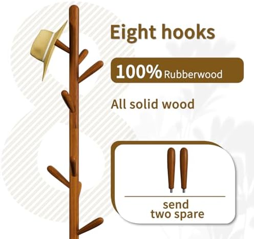 Solid Wood Round Base Coat Rack, Free Standing Hall Coat Tree with 8 Hooks（+2 spare for Coats, Hats, Bags, Purses, for Entryway, Hallway, Rubberwood Hooks,Base and Pole(Round Base,Brown) - Image 2
