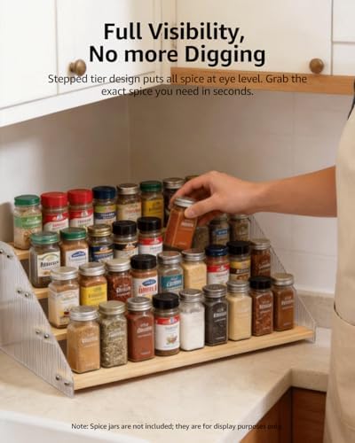 Tiered Spice Rack Organizer for Countertop & Cabinet, 4-Tier 19.9in Kitchen Seasoning Storage Shelf, Space Saving Standing Spice Organizer, Wooden & Acrylic, Solid Wood - Image 2