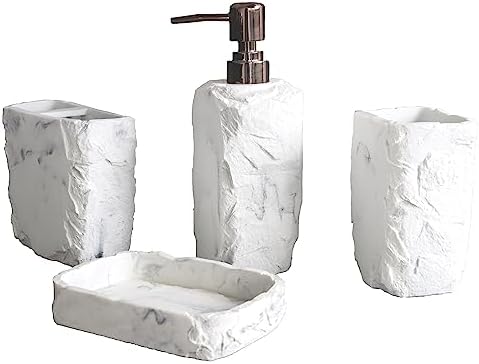 Hymmah Marble Bathroom Accessories Set,Marble Design Toothbrush Holder,Farmhouse Bathroom Decor,4 Pcs Resin Gift Set Apartment Necessities, Contain Toothbrush Cup,Soap Dispenser,Soap Dish,Tumbler - Image 2