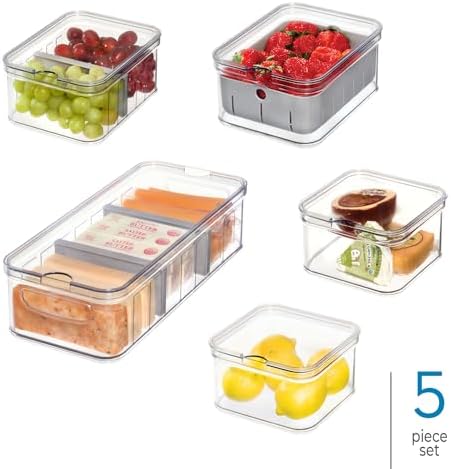 iDesign Crisp 5-Piece Recycled Plastic Refrigerator Organizer Bin Set with Lids, Clear/Gray - Image 2