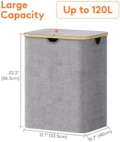 Lifewit 120L Large Laundry Basket with Lid, 2 Removable Bags, Light Gray - Image 4