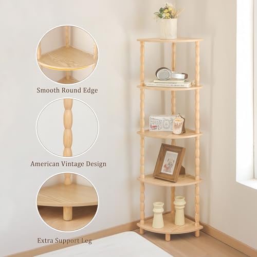 MaxSmeo Corner Shelf, 5-Tier Corner Bookshelf for Small Spaces, Stylish Corner Storage Display Shelves for Bedroom, Bathroom, Kitchen, Living Room (Natural) - Image 4