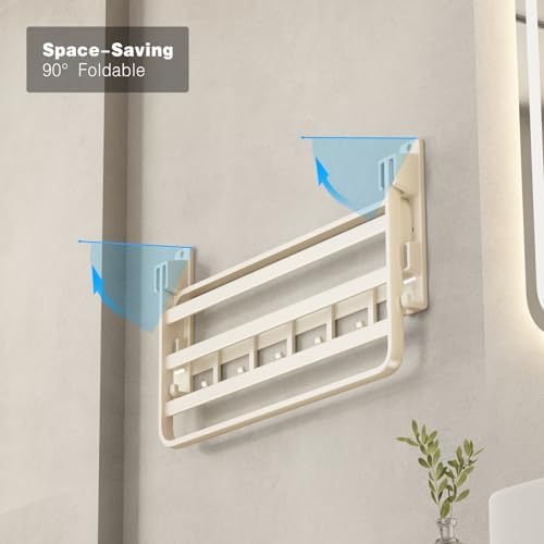 VOLDRA Towel Racks for Bathroom, 24-Inch Towel Shelf with Towel Bar Foldable Towel Holder with 7 Hooks Towel Storage Organizer for Bathroom & Lavatory Wall Mounted(Cream White) - Image 5
