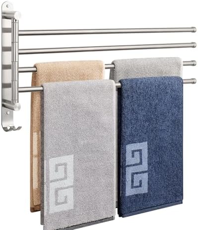 NearMoon Swivel Towel Rack, 19.5" Thicken 304 Stainless Steel 4-Arm Towel Bar, Space Saving Wall Mounted Towel Holder with Hook, Rustproof Swing Out Towel Hanger for Bathroom, Kitchen (Brushed Nickel) by NearMoon