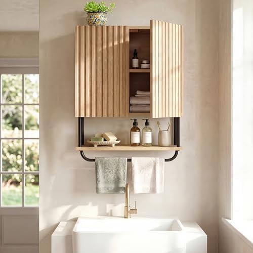 FerniTry Farmhouse Bathroom Wall Cabinet Fluted,Medicine Cabinet Over The Toilet Storage Cabinet with Adjustable Shelf, Wood Wall Mounted Storage Cabinet Organizer (Oak, Small) - Image 6