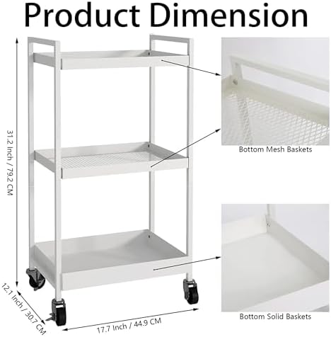 3-Tier Metal Utility Rolling Cart, Heavy Duty Multifunction Rectangular Cart with Lockable Casters, Kitchen Storage Carts Suitable for Office, Bathroom, Kitchen - White - Image 3