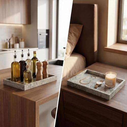 Natural Marble Tray Heavyweight Stone Vanity Tray for Bathroom Countertop, Coffee Table & Dresser - Handcrafted Rectangular Organizer (Gray X, 12" x 8" x 1.2") - Image 6