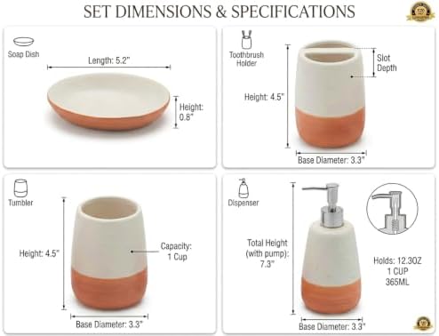 4 Piece Ceramic Bathroom Accessories Set, Soap Dispenser, Toothbrush Holder, Tumbler and Soap Dish, Speckled White & Terracotta Bathroom Counter Set, Modern Boho Farmhouse Decor 2. Product Description - Image 2